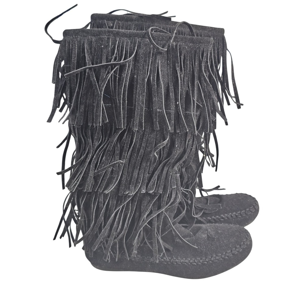 Hotcakes Colorado Women Black Fringe Moccasin Boots Size 7M 734309 Mid Calf Boho
